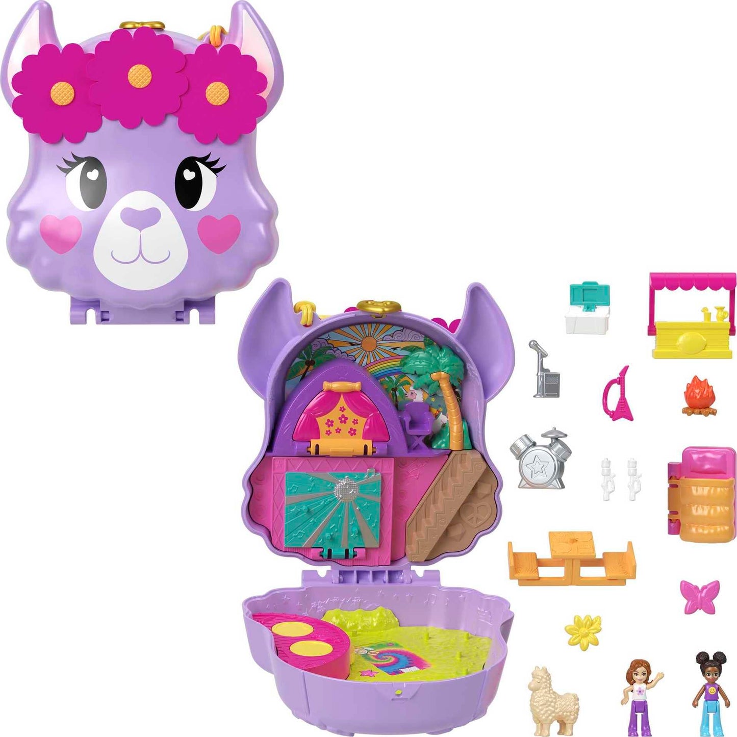 Polly Pocket Llama Camp Adventure Playset with 2 Micro Dolls & 13 Accessories, Multicolor Travel Toy, Model HKV33