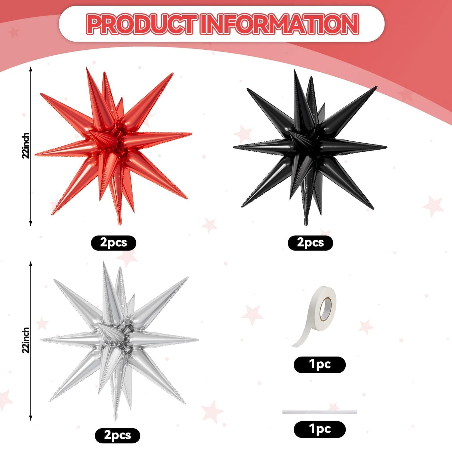 6PCS Star Balloons, 22Inch Large Black Red Silver Star Balloon Foil Balloons for Birthday Graduation Wedding Anniversary Party B