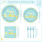 CHUNNIN 96PCS Blue Birthday Plates and Napkins Birthday Party Decorations Light Blue and Gold Dessert Plates Tableware for 24 Gu