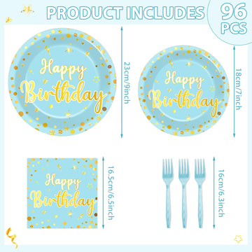 CHUNNIN 96PCS Blue Birthday Plates and Napkins Birthday Party Decorations Light Blue and Gold Dessert Plates Tableware for 24 Gu