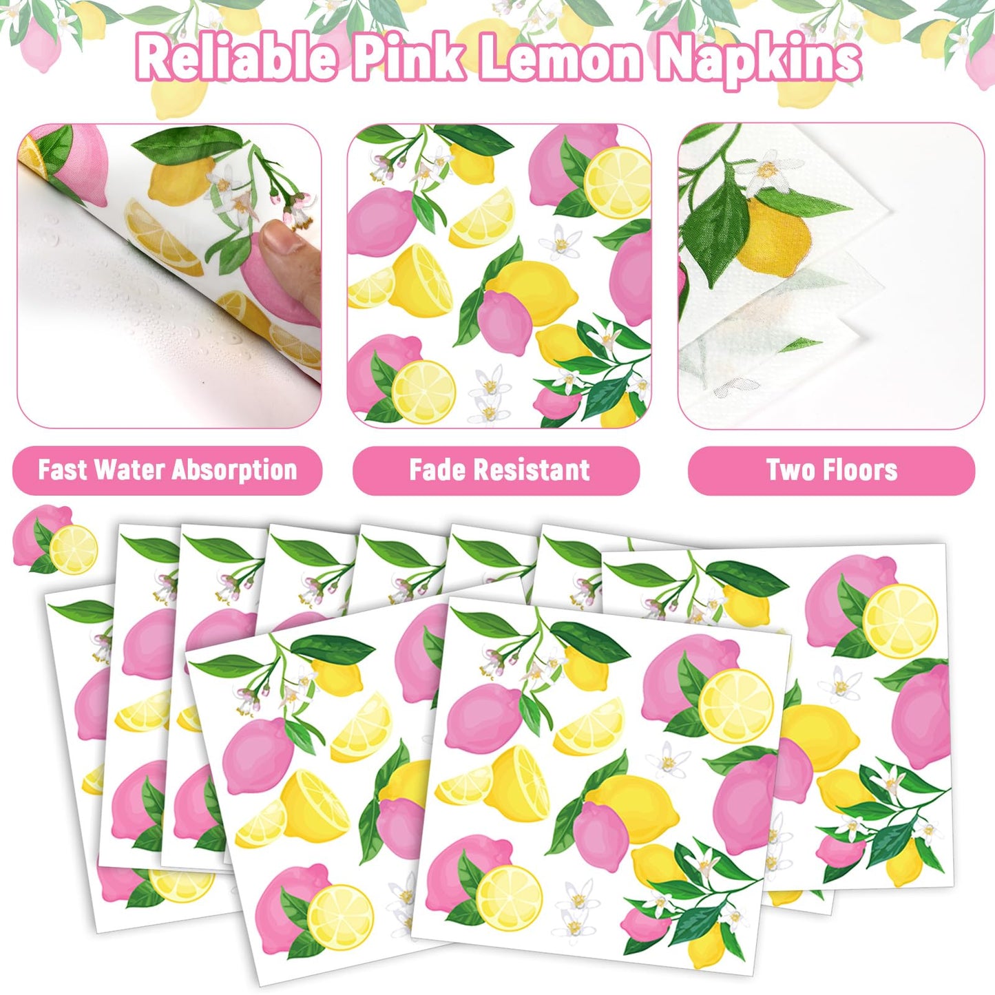 Obusatt 96Pcs Pink Lemon Party Supplies Lemon Paper Plates Napkins Lemons Summer Party Decoration Disposable Pink Lemonade Table