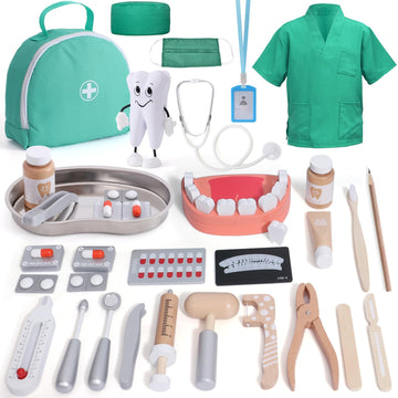 Atoylink Doctor Kit for Toddlers Kids Dentist Pretend Play Toy Set, 32Pcs Wooden Medical Kit with Dress Up Costume & Bag & Prete