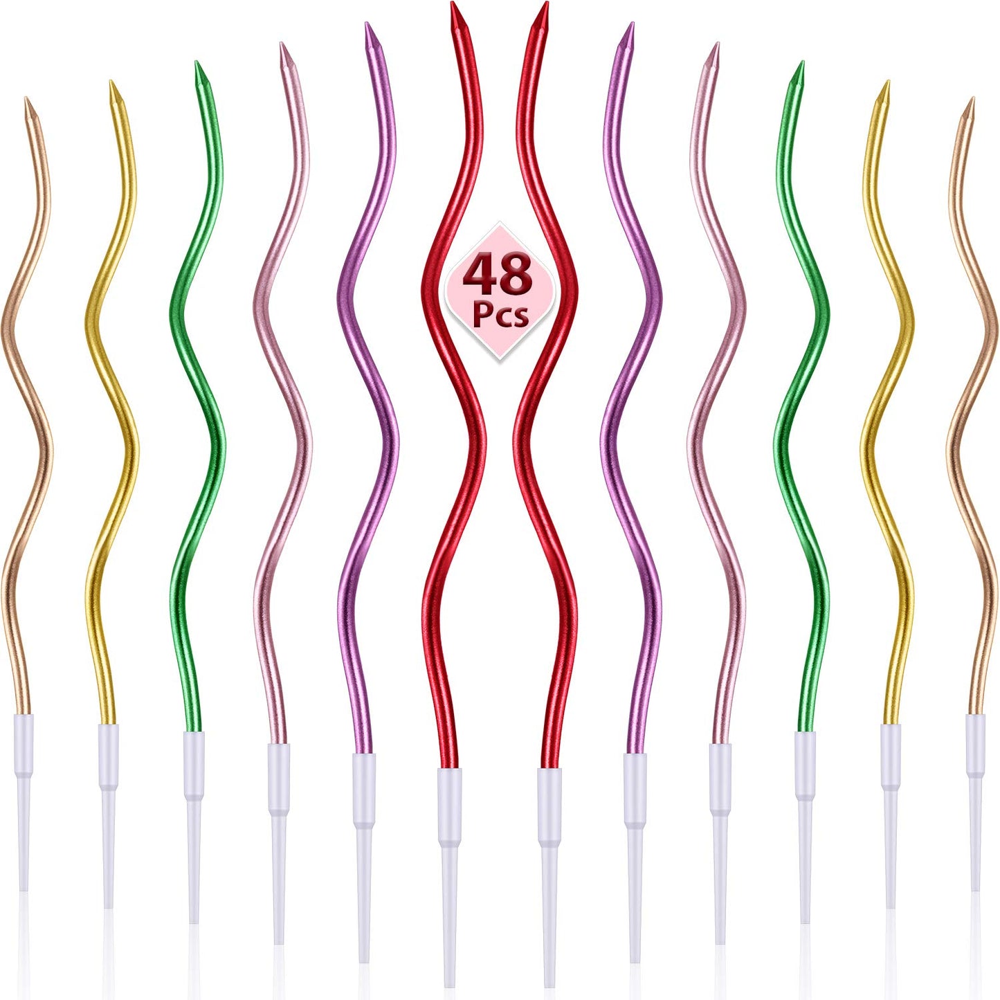 BBTO 48 Pieces Twisty Birthday Spiral Cake Candles with Holders Long Thin Curly Coil Metallic Cake Cupcake Candles for Birthday 