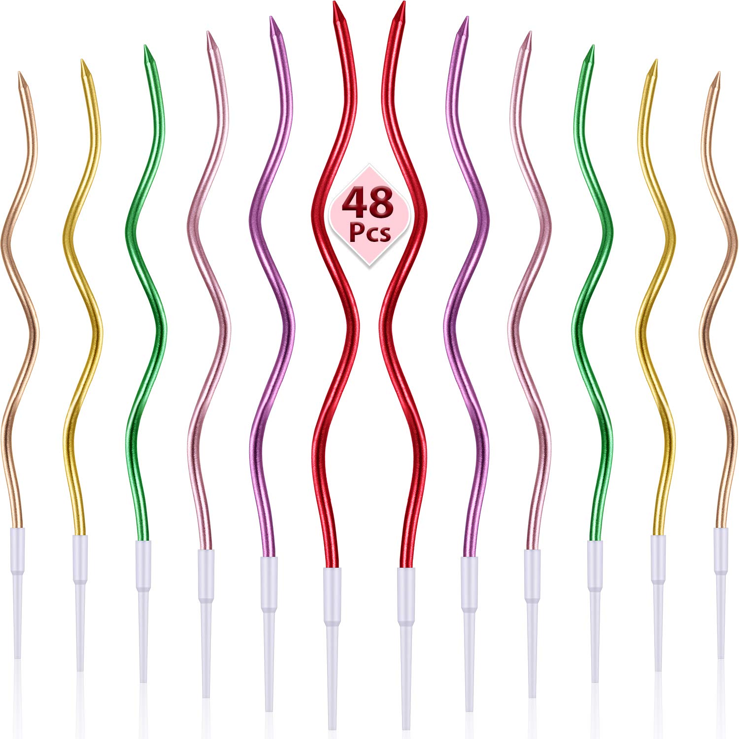 BBTO 48 Pieces Twisty Birthday Spiral Cake Candles with Holders Long Thin Curly Coil Metallic Cake Cupcake Candles for Birthday 