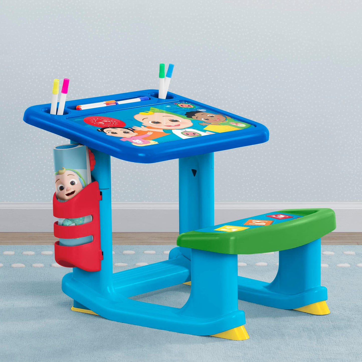 CoComelon Draw and Play Desk by Delta Children - includes 10 Markers and Coloring Book, Blue