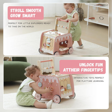 Wooden Baby Walker, Multifunctional Ice Cream Cart Activity Toy For Learning To Push Walk With Wheels, Pretend Playset Ideal For