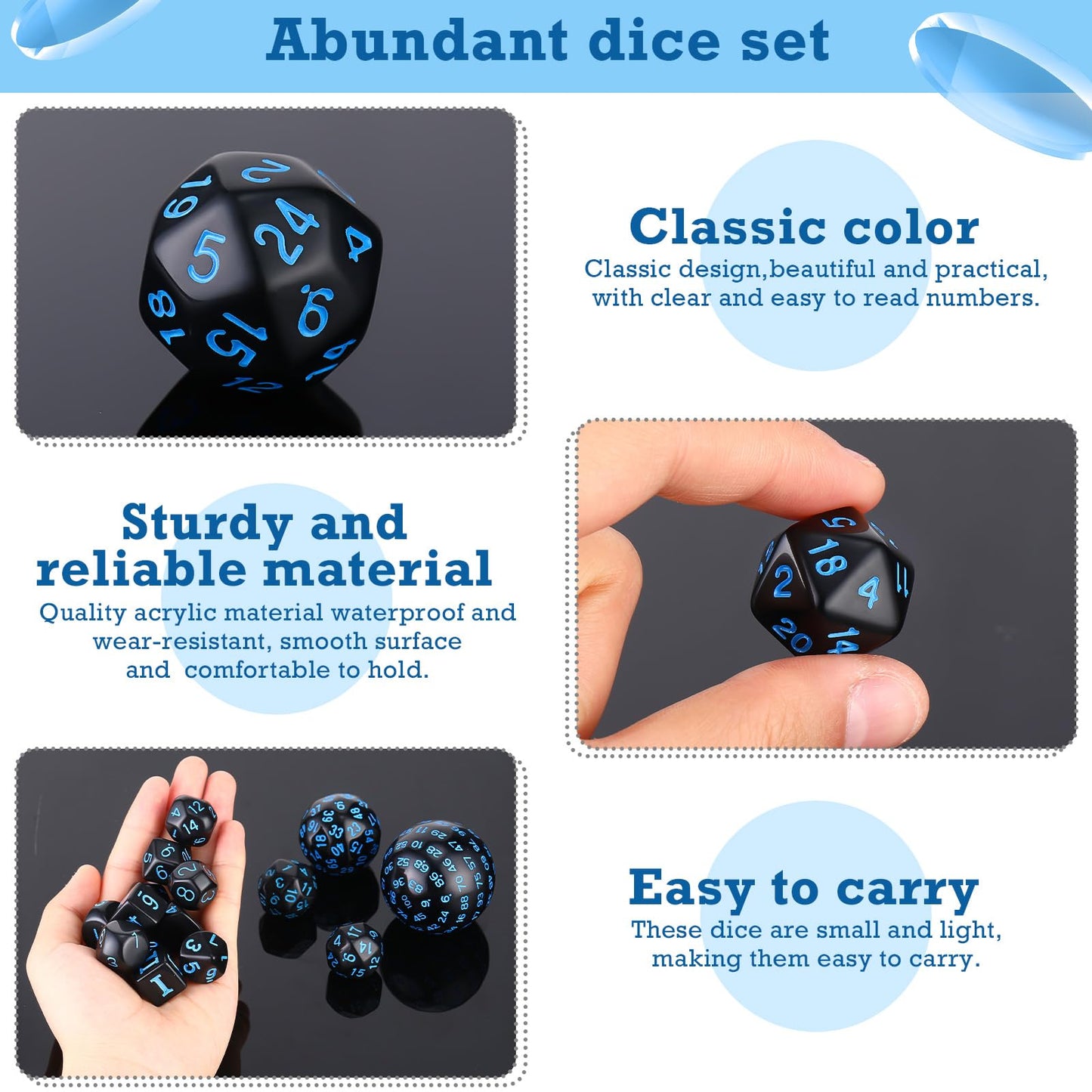 15 Pieces Complete Polyhedral Dice Set D3-D100 Spherical RPG Dice Set in Opaque Black, 100 Sides Dice Set for Role Playing Table