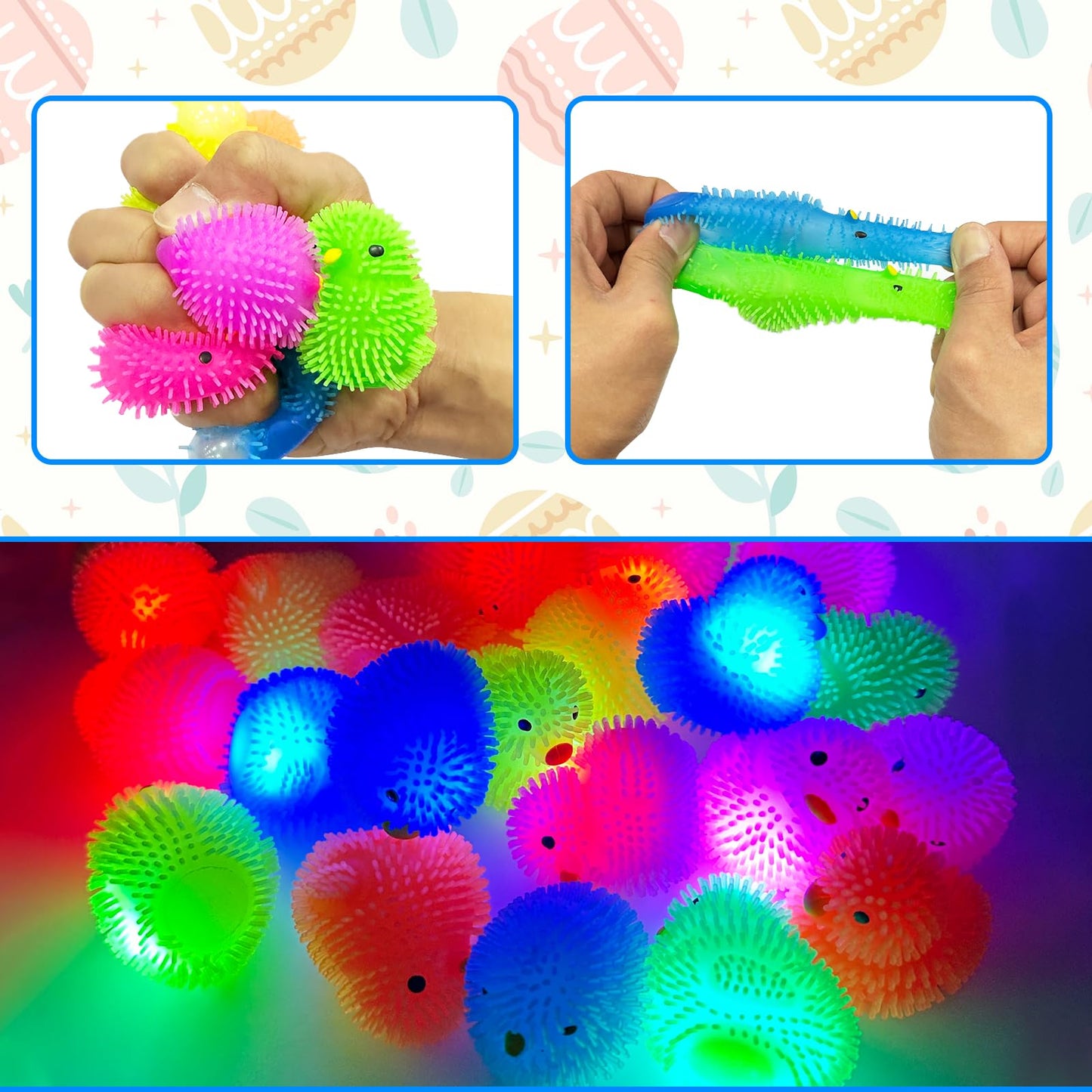 AMENON 24 Pack Easter Basket Stuffers Chick Duck LED Puffer Balls Easter Eggs Filled Light Up Squeeze Sensory Ball Stress Relief