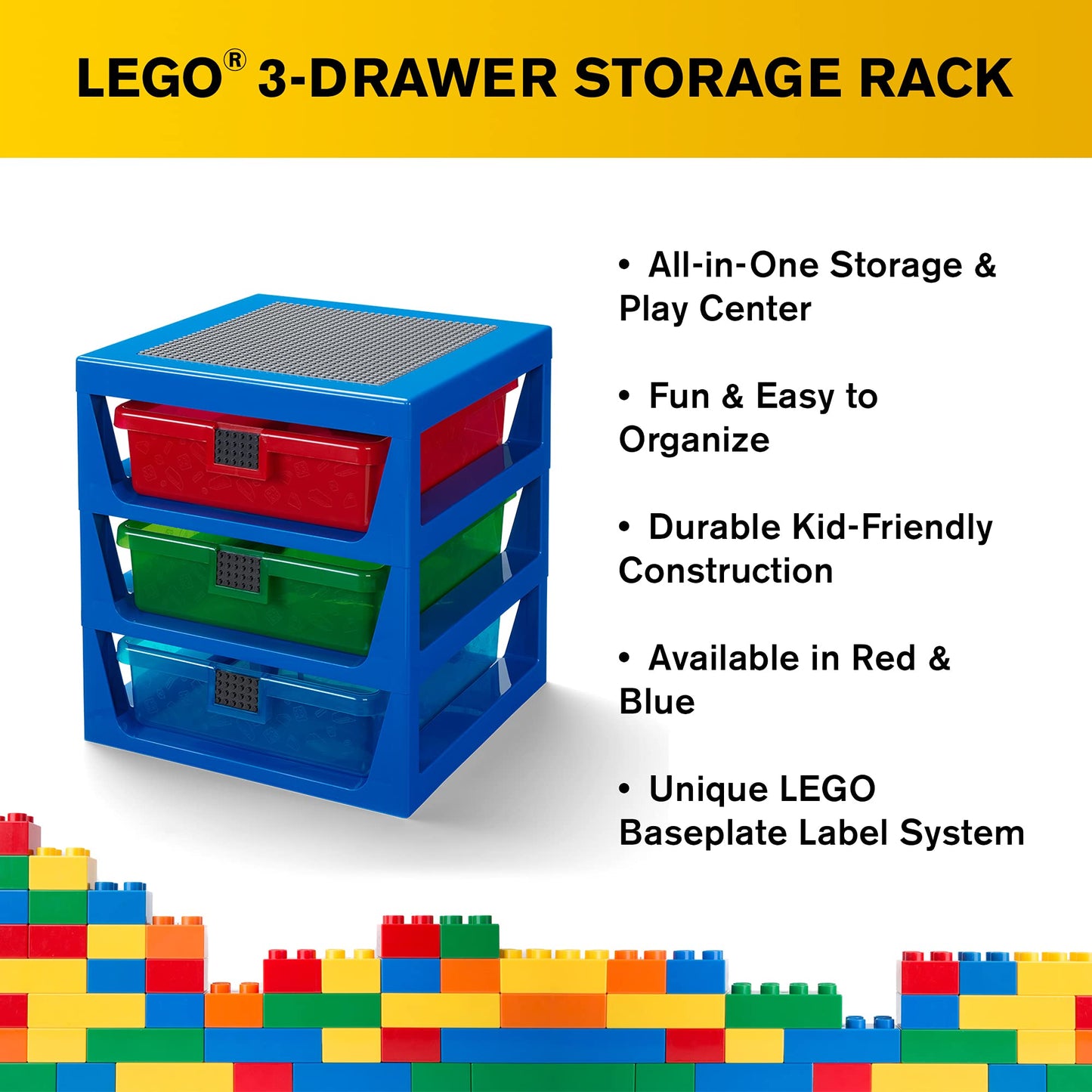 Room Copenhagen Lego 3-Drawer Storage Rack System, 13-2/3 X 12-3/4 X 15 In, Blue