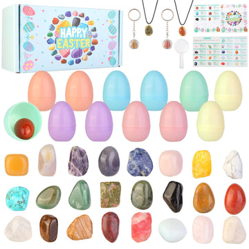 24 Pack Filled Easter Eggs Fillers Set - Easter Basket Fillers for Teens, Not Prefilled Easter Eggs with Natural Crystals & Rock