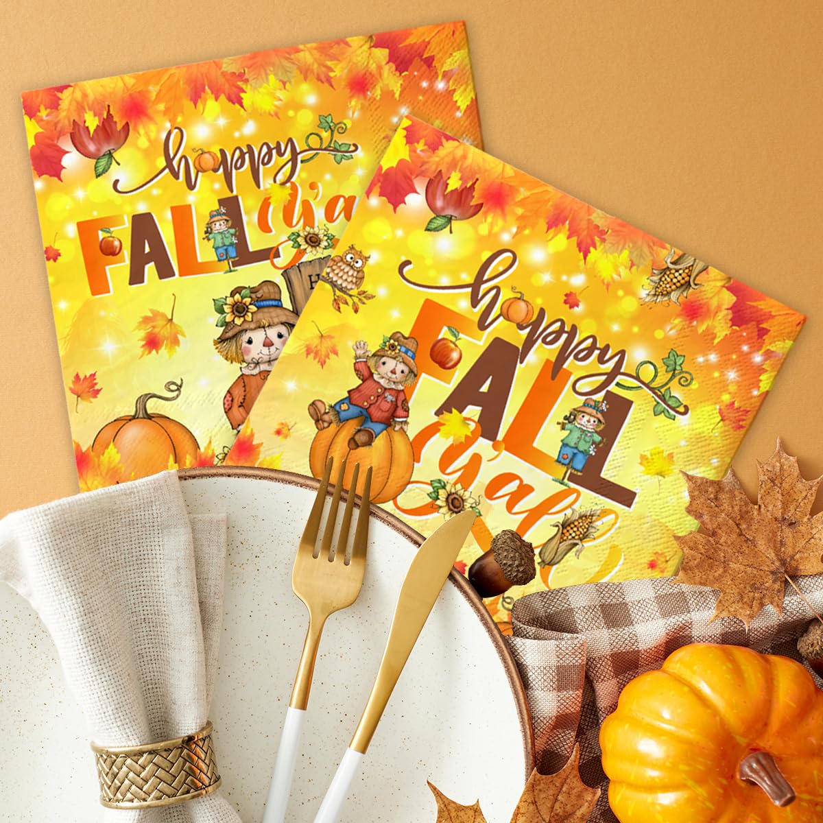 40Pcs Fall Napkins-Happy Fall Y'All Decorations Scarecrow Thanksgiving Autumn Disposable Paper Napkins For Harvest Fall Party De