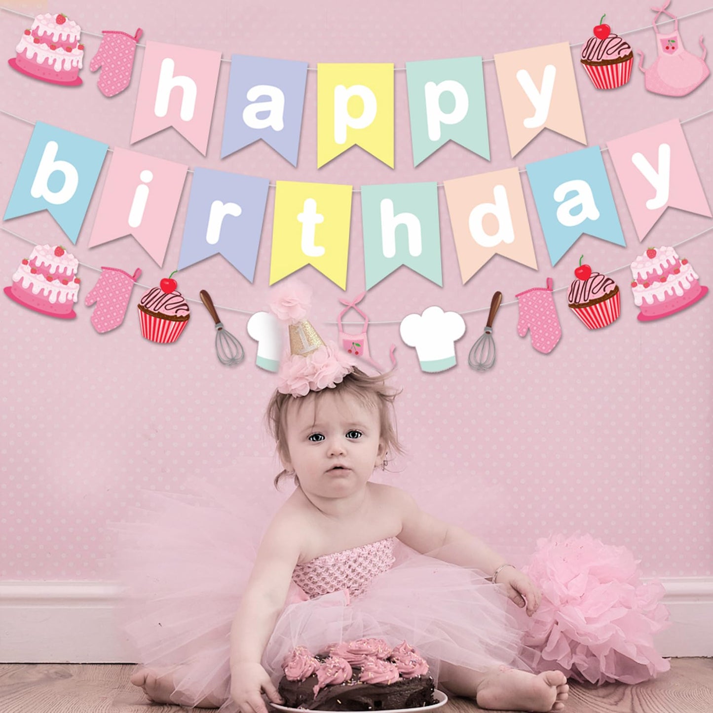 Zwiebeco Birthday Party Decoration Supplies Colorful Pink Happy Birthday Sign Banner Hanging Paper Bake Garland Bunting Banner F