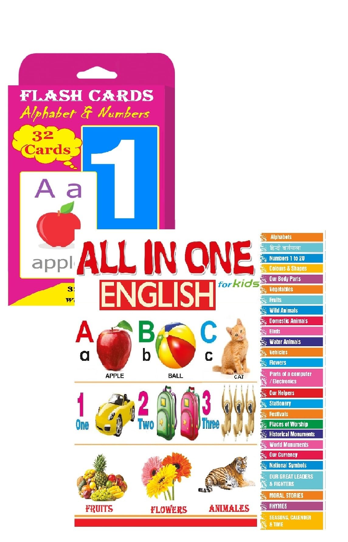 Combo Pack  English All In One & English Flash Card | Early Learning On English Alphabets, Numbers, Fruits, Colors, Parts Of Bo