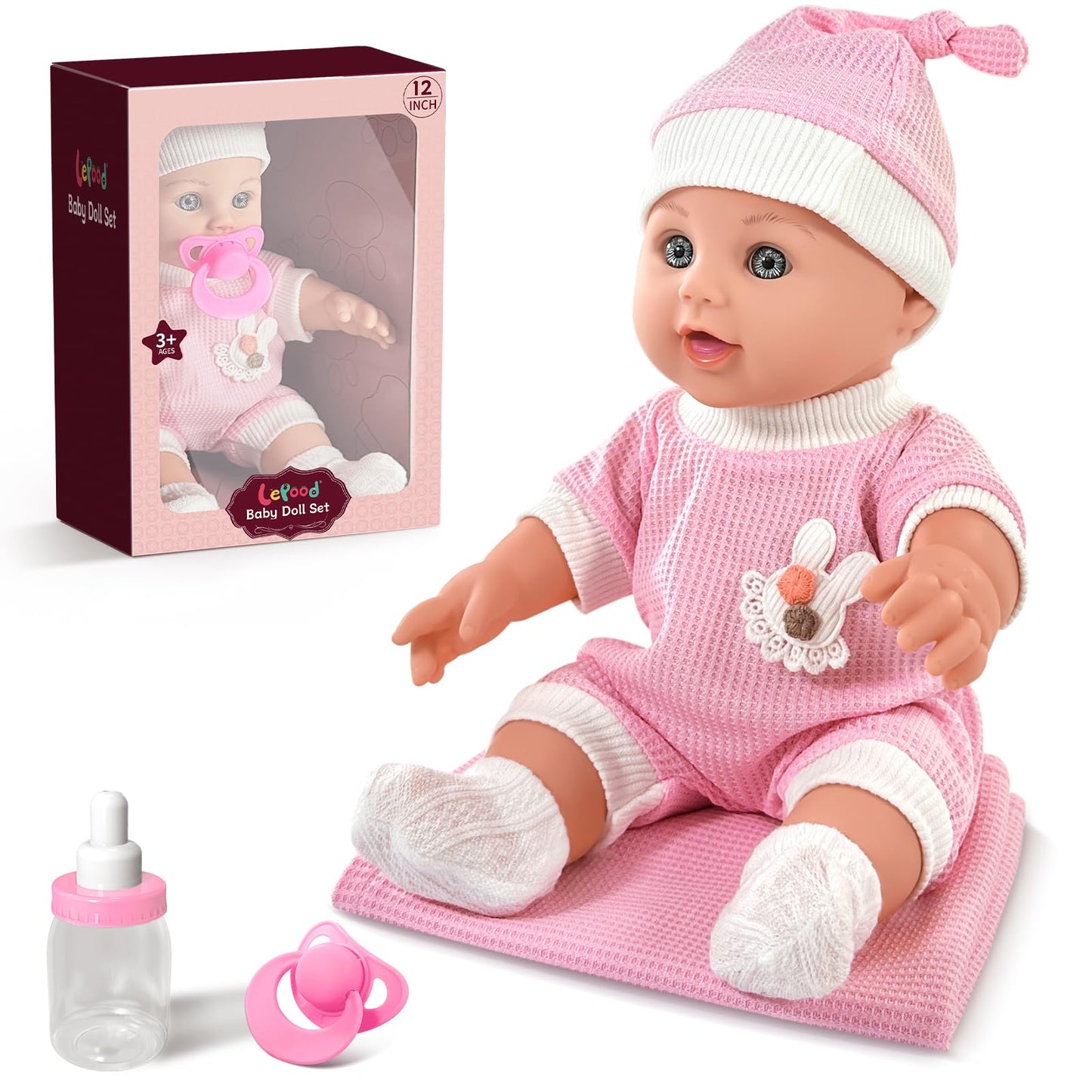 12'' Baby Doll For Toddlers 1-3, Baby Doll Set With Accessories Includes Pink Clothes, Pacifier, Feeding Bottle, Blanket, First
