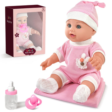 12'' Baby Doll For Toddlers 1-3, Baby Doll Set With Accessories Includes Pink Clothes, Pacifier, Feeding Bottle, Blanket, First