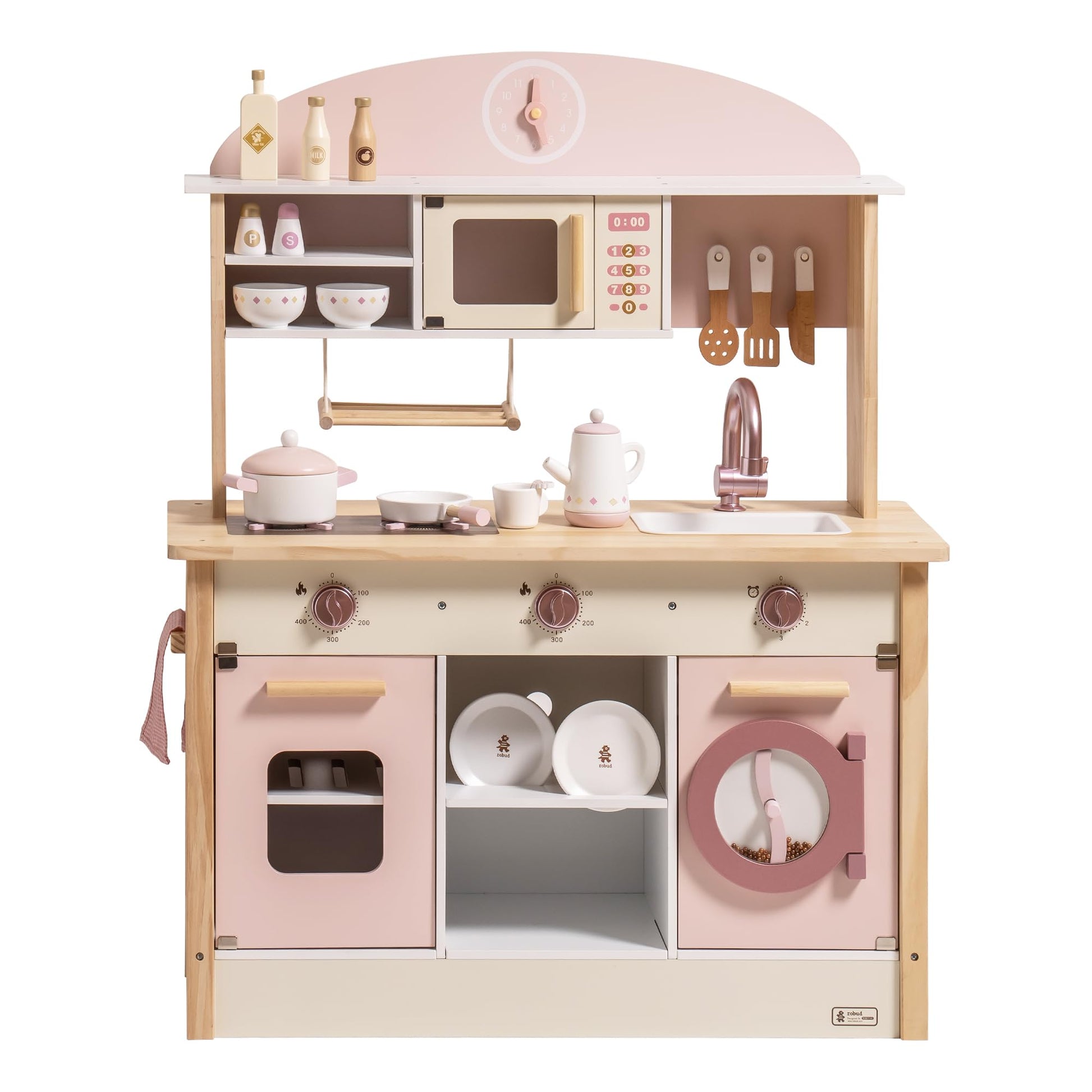 ROBUD Play Kitchen for Kids Toddlers, Wooden Play Kitchen with Realistic Accessories, Toy Kitchen Set with Plenty of Play Featur