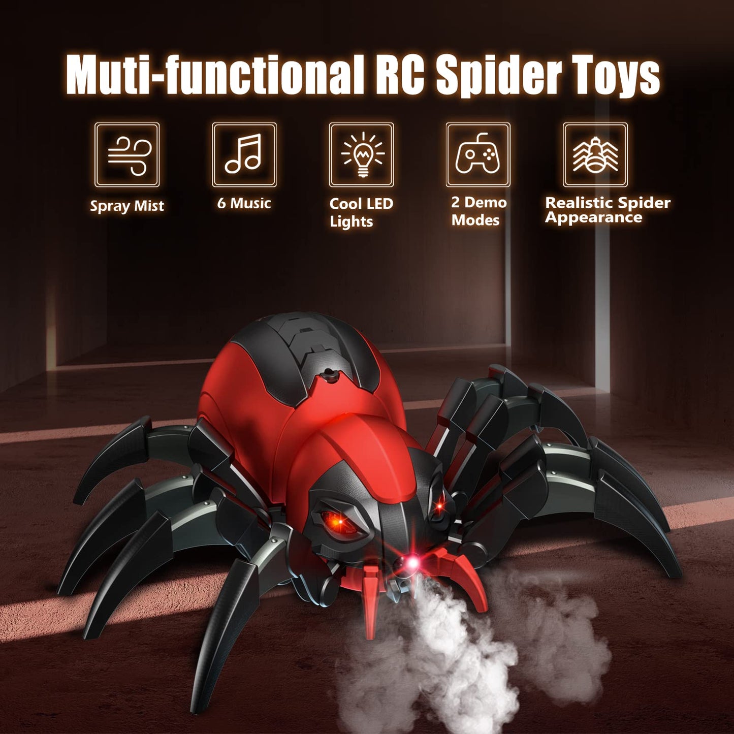 sumsync RC Spider Toy - Realistic Remote Control with Music & LED Light for Kids Age 3-12, Red