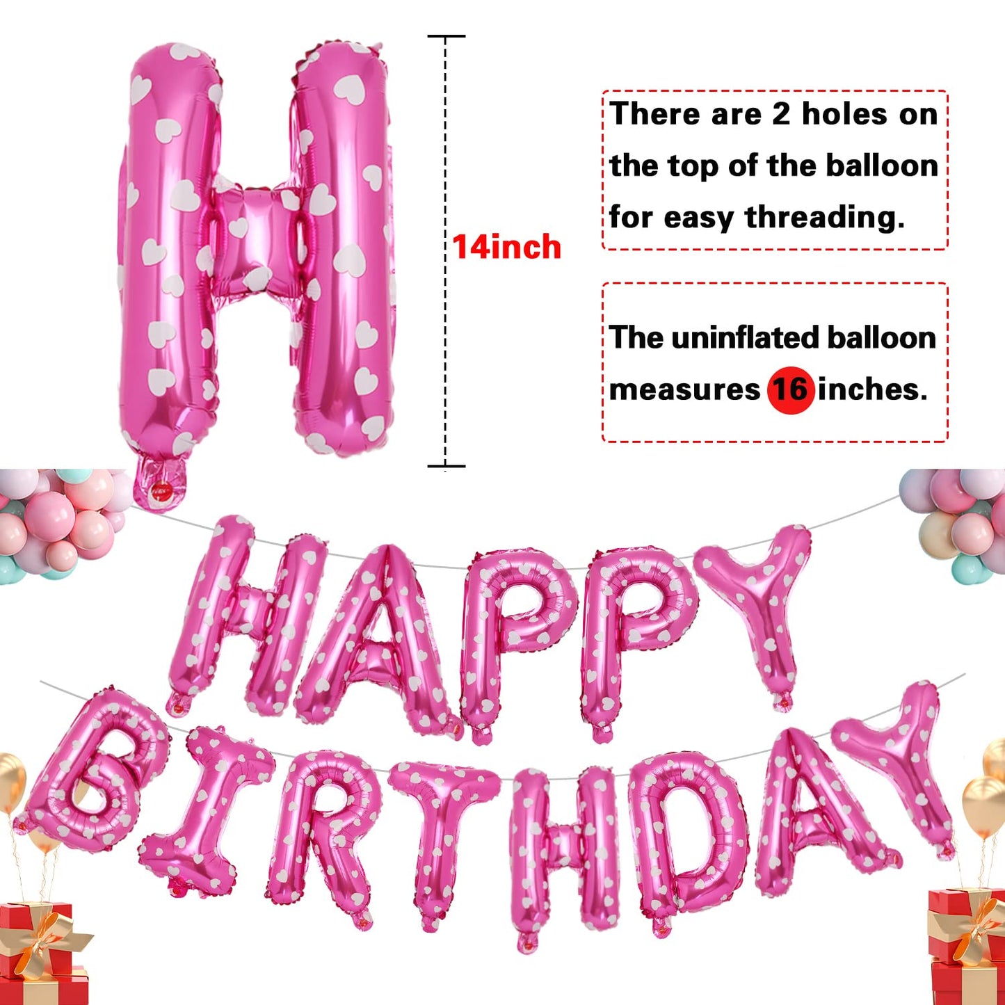 Accevo Pink Happy Birthday Banner - 16 Inch Mylar Foil Letters Balloons for Kids & Adults, Heart Pattern Decorations