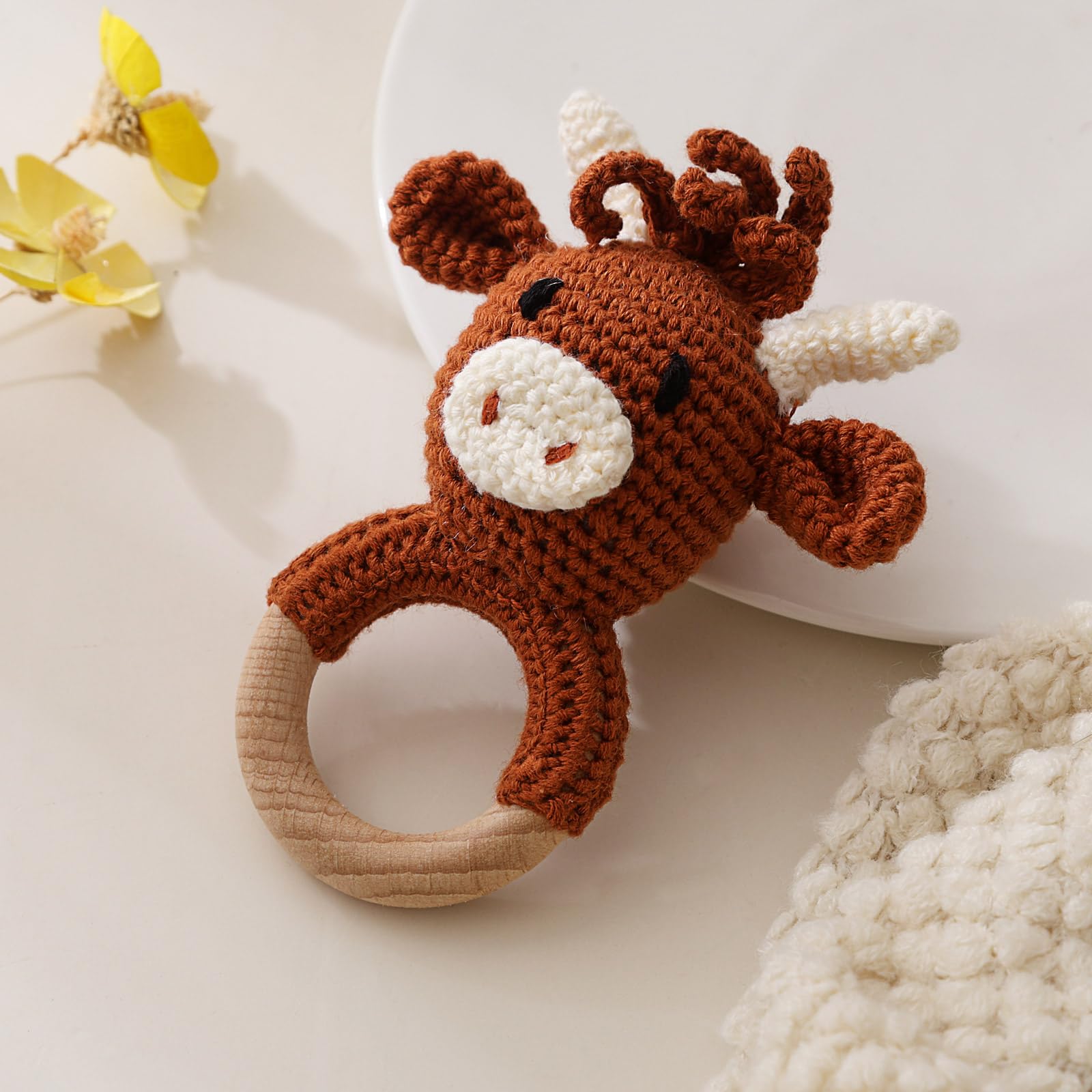 Wooden Baby Rattle, Crochet Cow Rattle, Newborn Wooden Animal Rattle Toy, Infant Rattle Toys