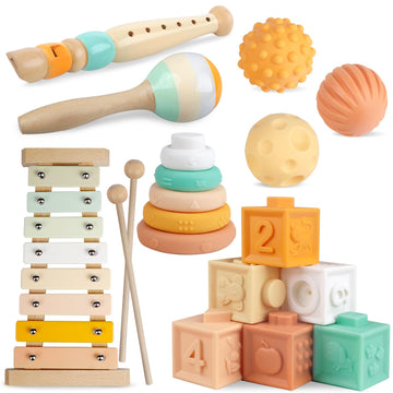 Baby Toys 6-12 Months Montessori Toys for Babies 6-12-18 Months,Wooden Stacking Building Blocks,Infant Teething Toys Sensory Bal