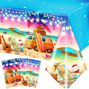 Grehumor 3Pcs Summer Sunset Beach Tablecloth Beach Theme Party Decorations Palm Leaves Tropical Beach Disposable Plastic Table C