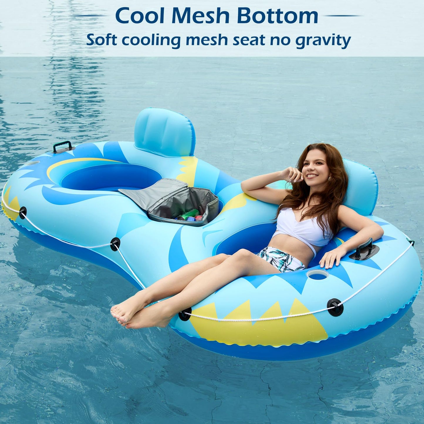 Jasonwell Inflatable River Tube Float - 2 Person Heavy Duty Pool Float, X-Large, Vinyl, Skyblue with Removable Cooler & 2 Cup Holders