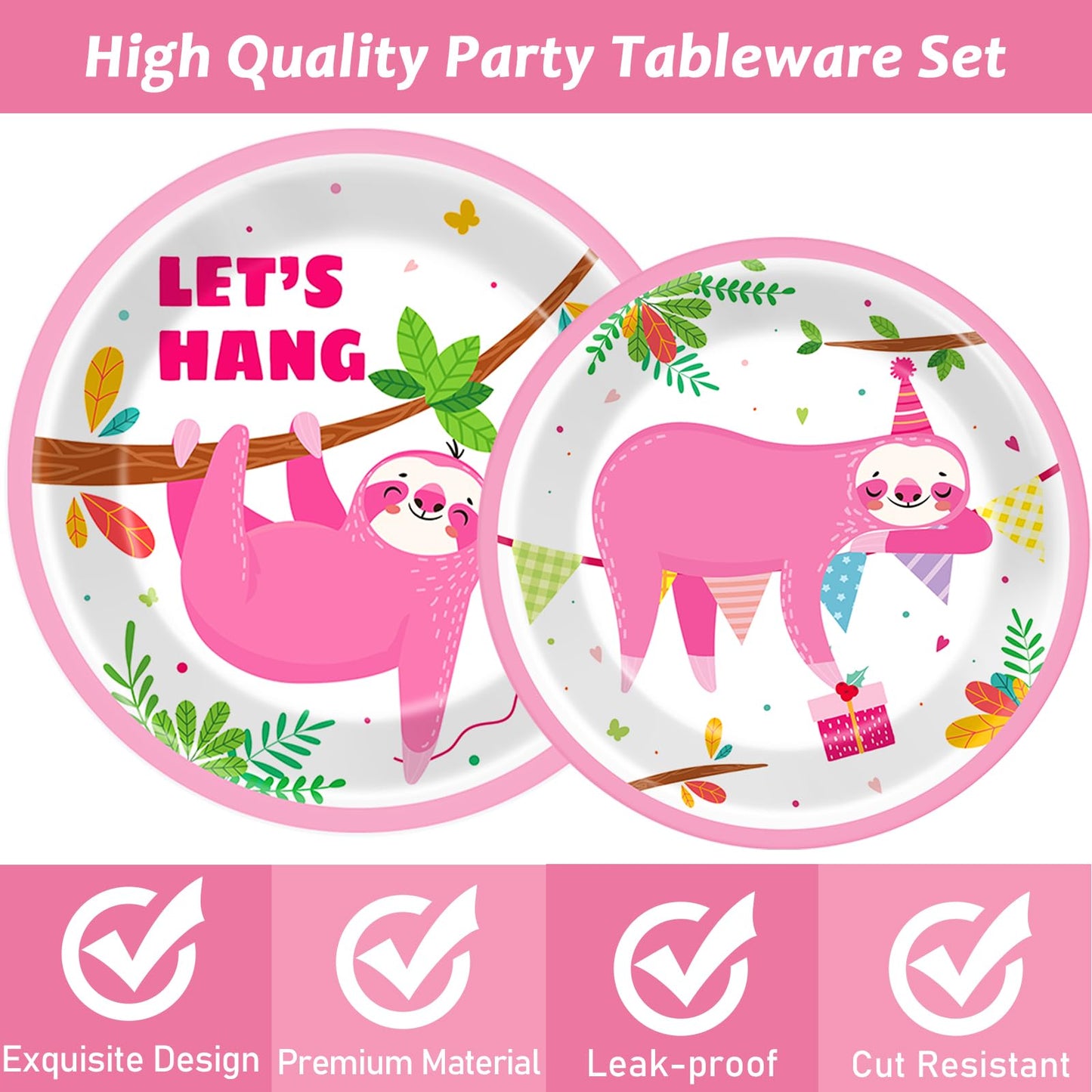 96 Pcs Sloth Animal Party Supplies Sloth Birthday Party Tableware Set For Kids Sloth Themed Paper Plate Sloth Hanging Decoration