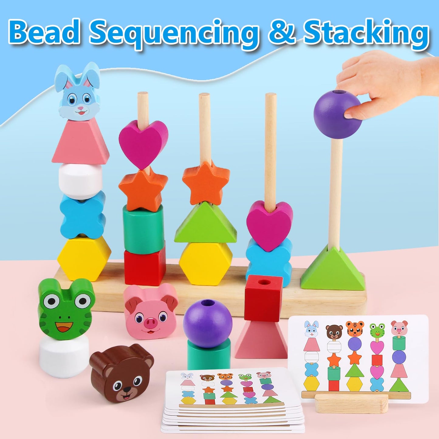 Vinlon Animal Baby Toys For Boys Girls 2 3 4 Years Old - Cute Rabbit Bear Tiger Pig Frog- Wooden Bead Sequencing Set-Stacking Sh
