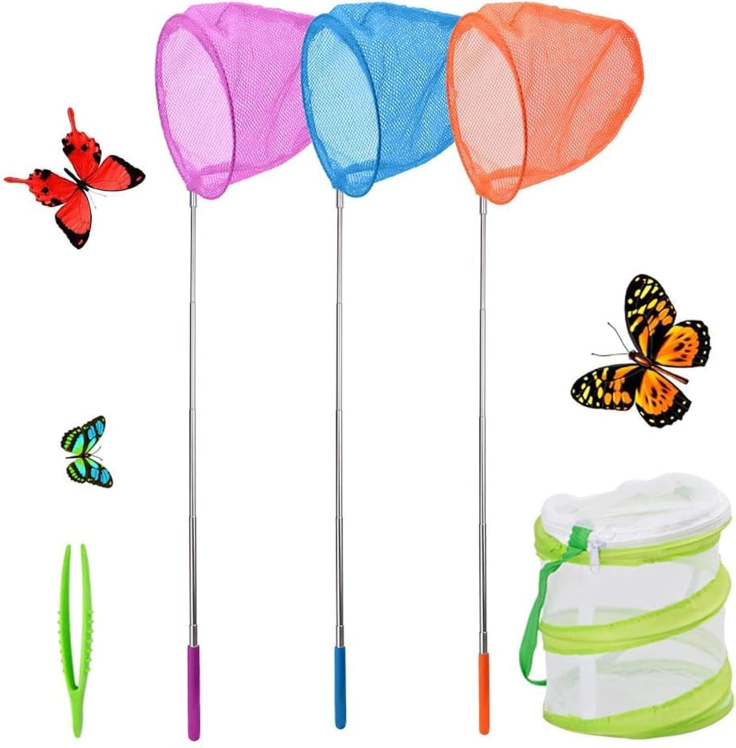 SEISSO Telescopic Butterfly Nets for Kids 3 Packs, Outdoor Explorer Catching Kits Including Catching Nets/Insect Mesh Cage/Tweez