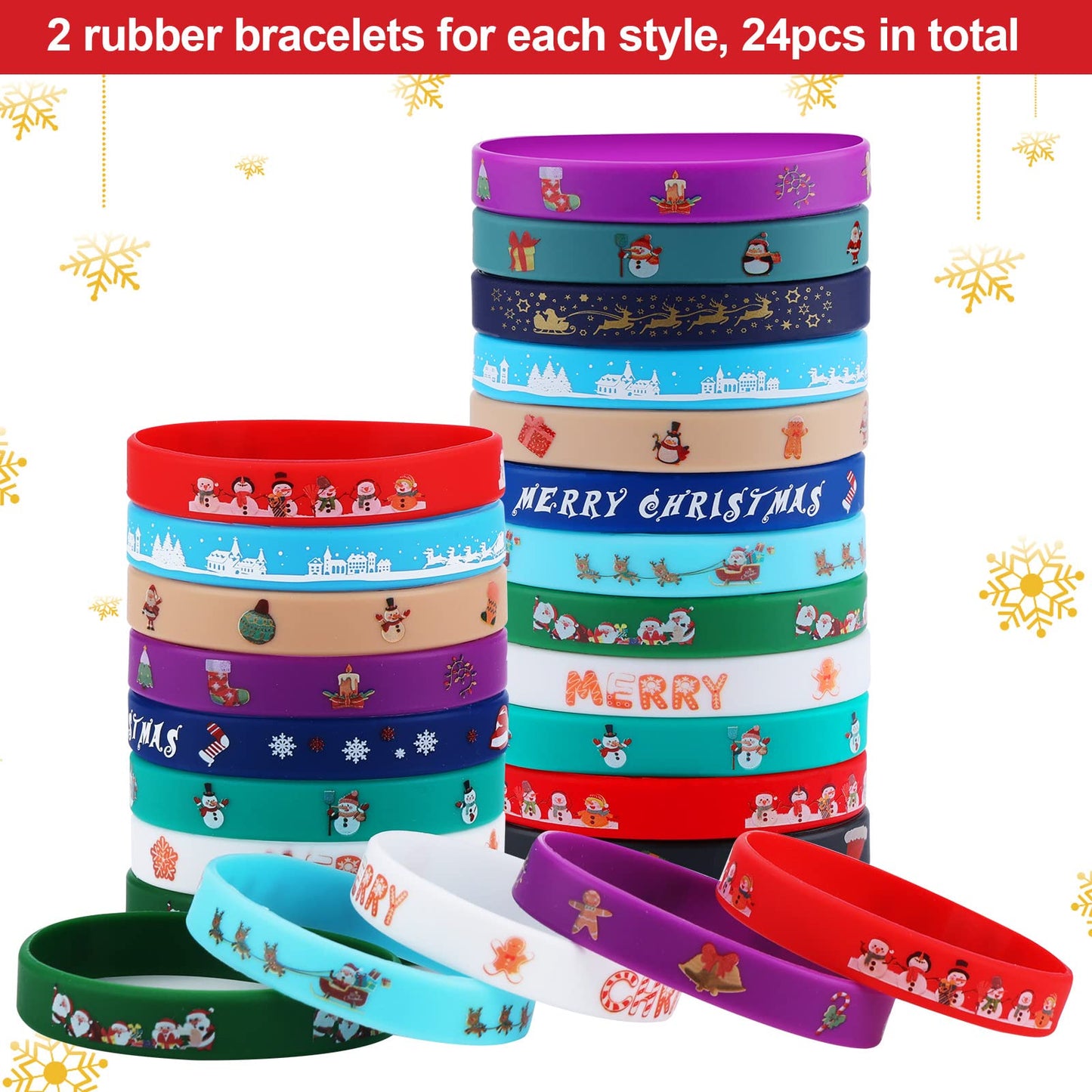 Fnayol 48Pcs Christmas Party Favors Slap Bracelets Rubber Wristbands for Kids Girls Boys