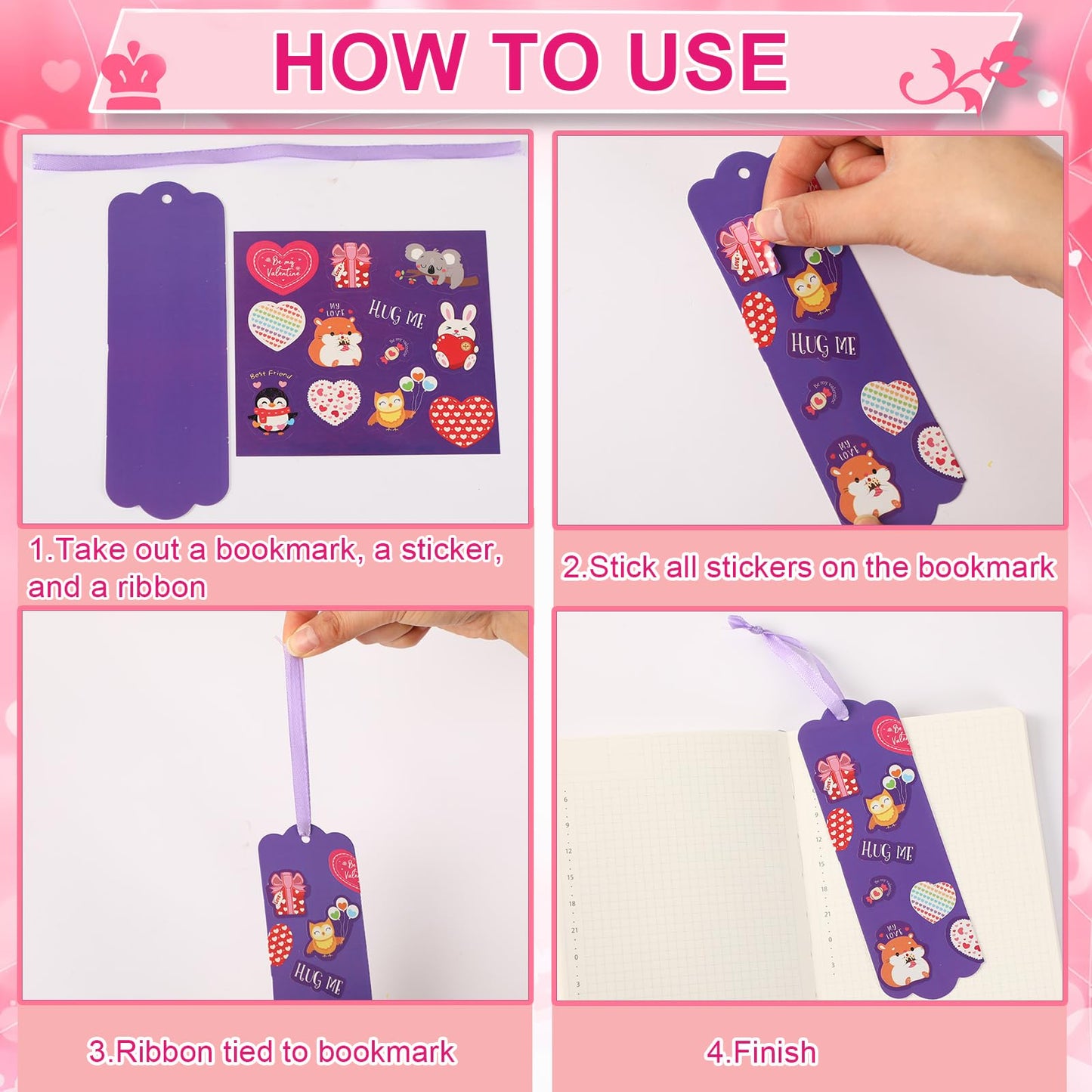 JUNEBRUSHS 30 Pack Valentines Crafts for Kids, Valentines Day Bookmarks Craft Kits with Assorted Hearts Animal Stickers for Kid