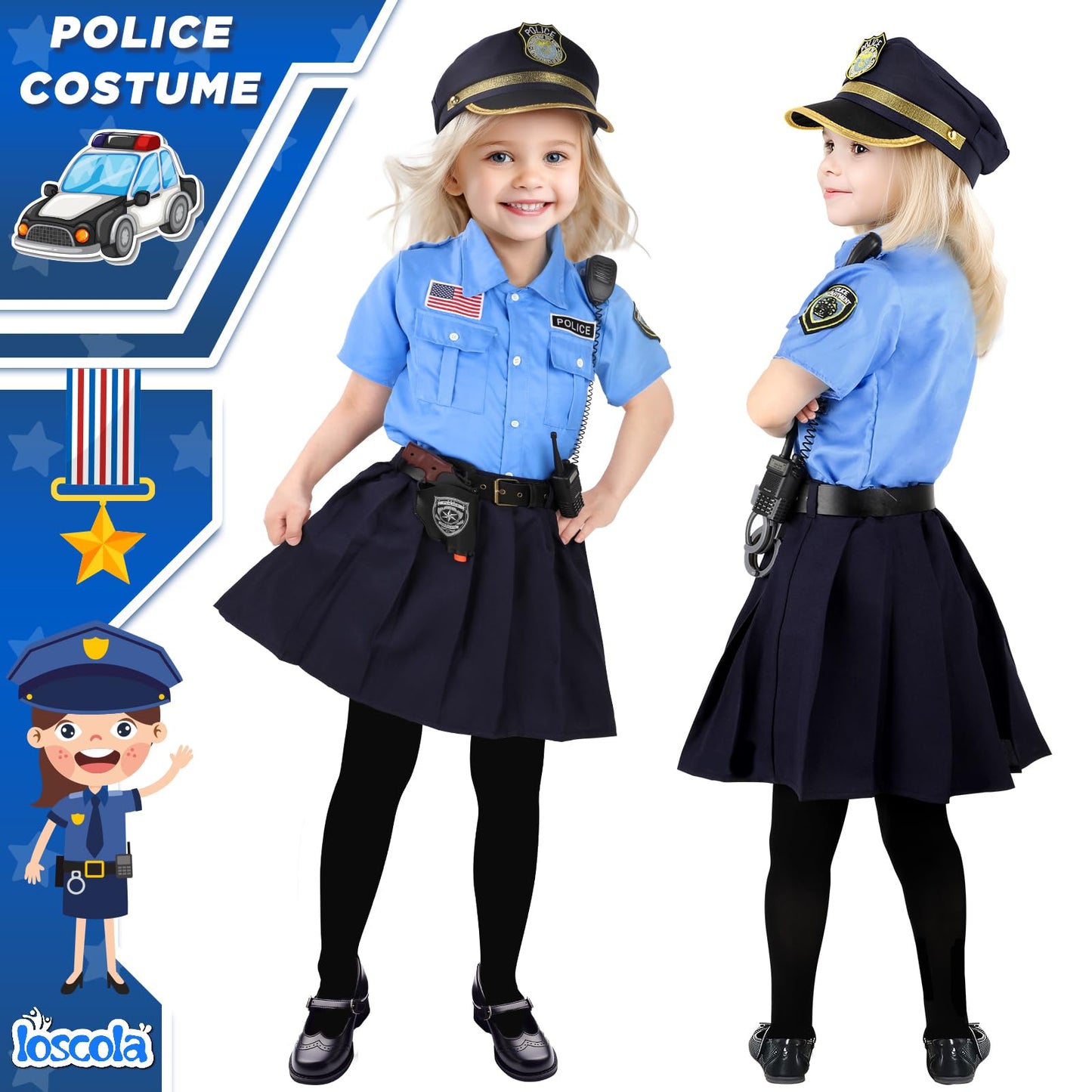 Loscola Police Officer Costume For Kids, Girls Police Costume For Kids, Halloween Costumes For Girls Kids 3-12, Cop Police Unifo