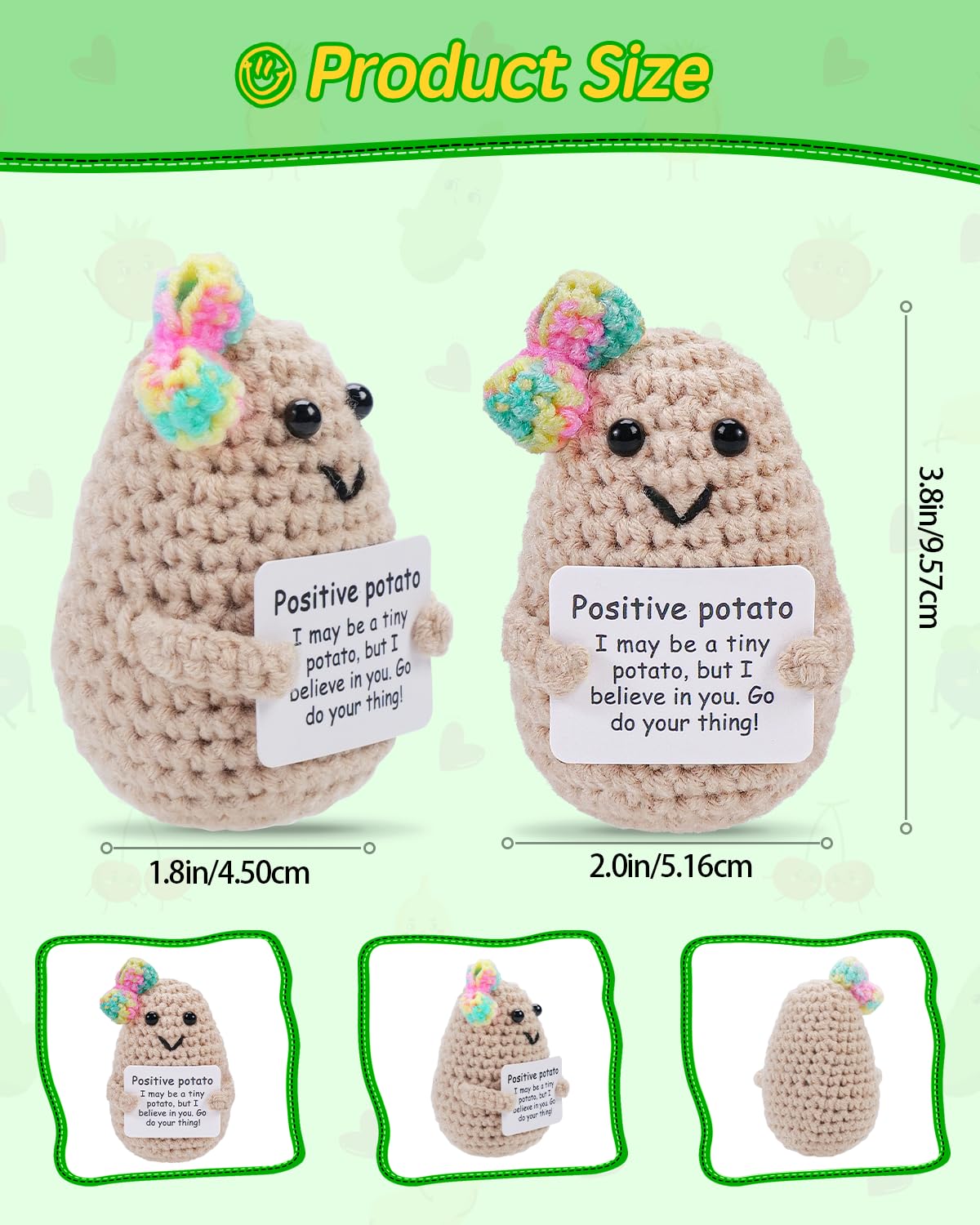Jelutar Mini Funny Positive Potato, 3 Inch Knitted Doll With Positive Card For Cheer Up Gifts And Party Decorations, Cute Positive Potato Crochet Doll For Birthday Gifts (Potato With Rainbow Bow)