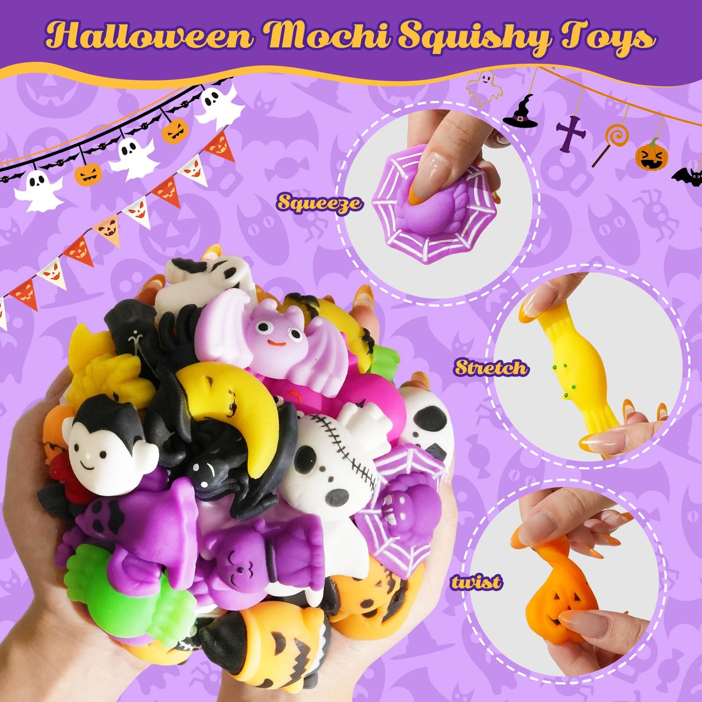 72PCS Halloween Mochi Squishy Toys Bulk  Mochis Squishies for Kids  Halloween Fidget Toys for Boys  Girls  Classroom Party Favors  Basket Goodie Bags Stuffers  Treasure Box  Trick or Treat  Gifts