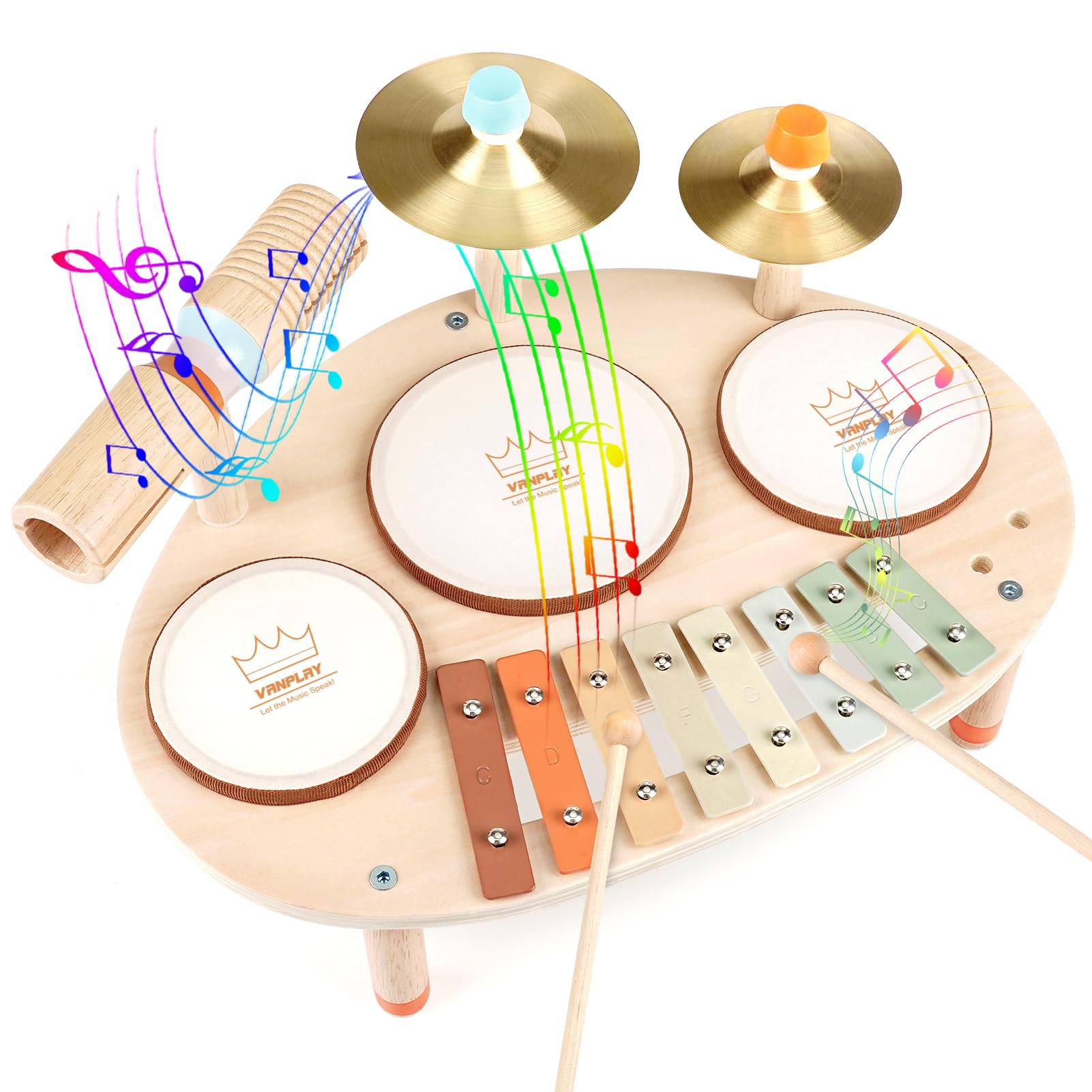 Vanplay Musical Toys For 1 Year Old: 9 In 1 Wooden Drum Set For Toddlers 1-3, Montessori Toys For Babies 12-18 Months With Xylophone, 1St Birthday Gifts For 1 2 3 Year Old Boys Girls Instruments Toys