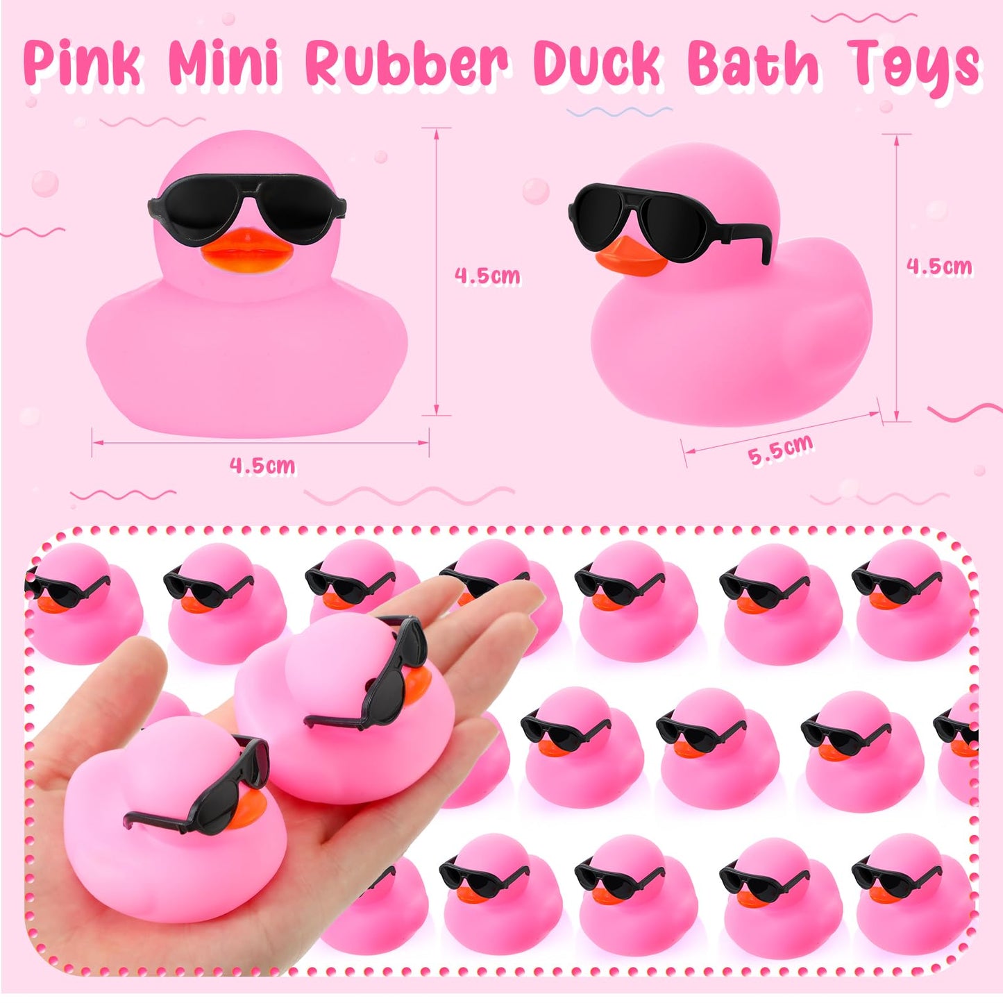 Sosation 36 Packs Mini Rubber Ducks With Sunglasses Sets 2.2 Inch Bath Squeaky Rubber Duckies Cute Float Bathtub Toys For Little One Birthday Party Favors Class Prizes Car Decor(Pink)