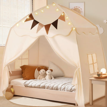 Extra Large Kids Play Tent With Flags & Star Lights, Portable & Foldable Teepee, Bed Tent Bed Canopy For Boys & Girls, Indoor Ou