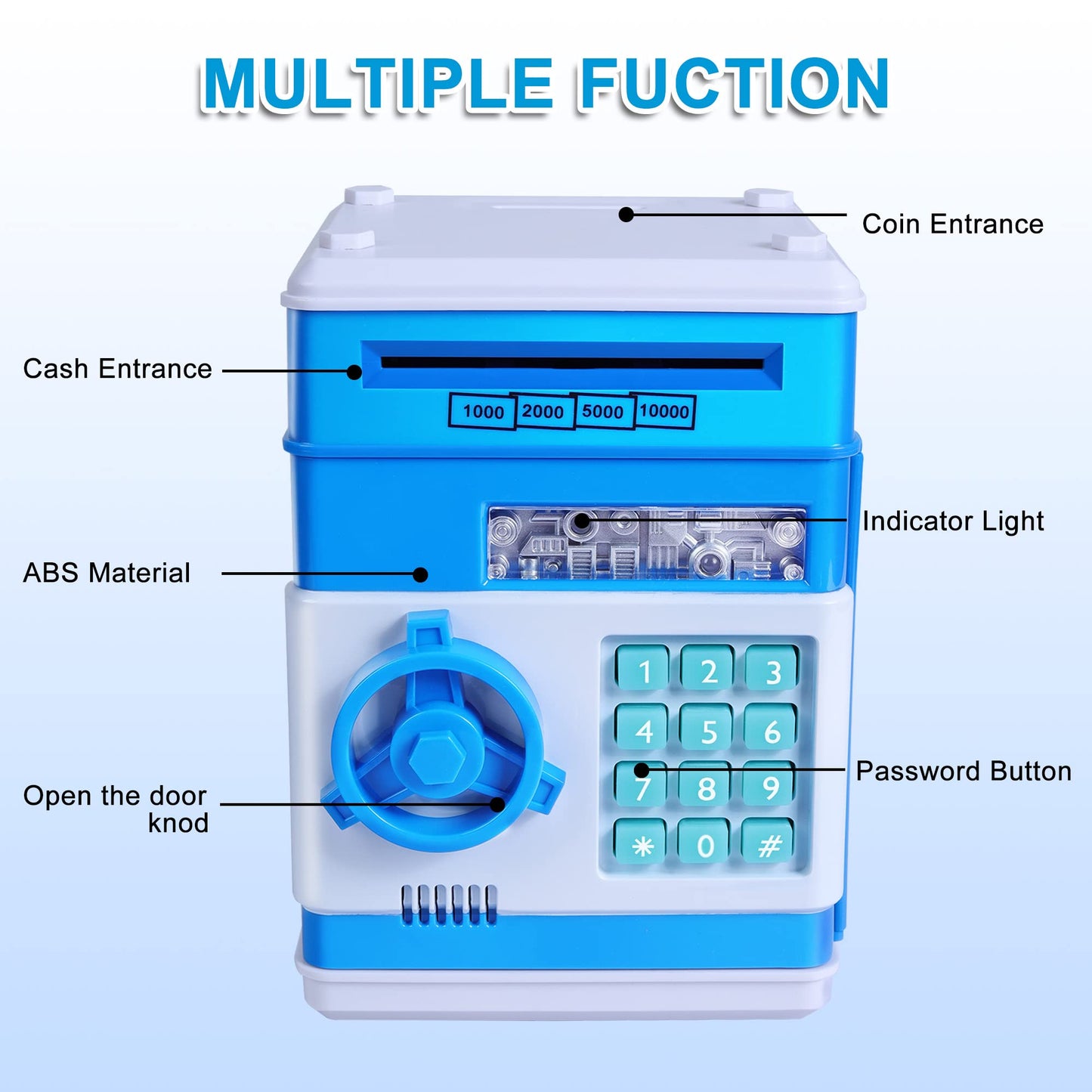 Gudoqi Piggy Bank, Electronic Money Bank, Safe Mini Atm Cash Coin Can, Auto Scroll Paper Money Saving Box, Great Birthday For Kids, Blue White