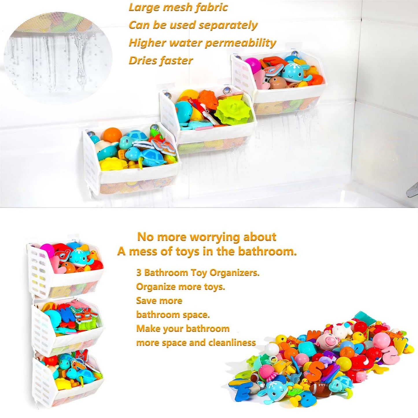 Ligereza Bath Toy Holder 3 Piece Set, Free Arrangement Bath Toy Organizer, Multi-Functional Bathtub Toy Holder, Quickly Fish Out Bath Toy, Bath Toy Holder For Easily Organise And Sort Toys