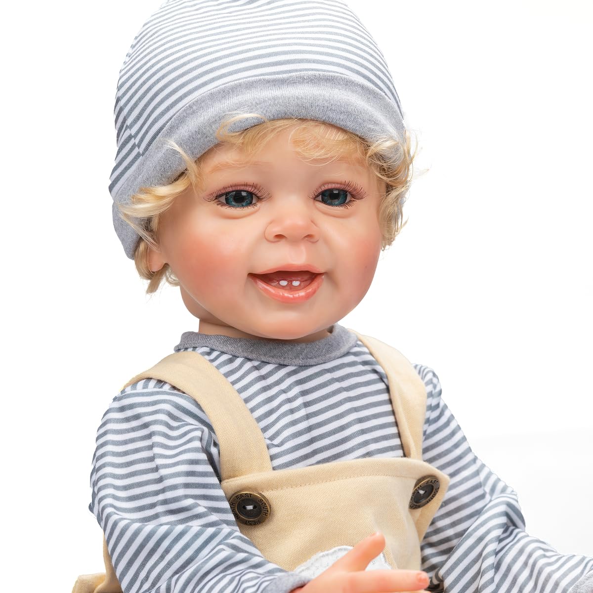 TERABITHIA 22 Inches Rooted Blond Curly Hair Lifelike Reborn Baby Doll Crafted in Silicone Vinyl Full Body Anatomically Correct Newborn Realistic Smiling Toddler Boy Dolls with Teeth Look Real