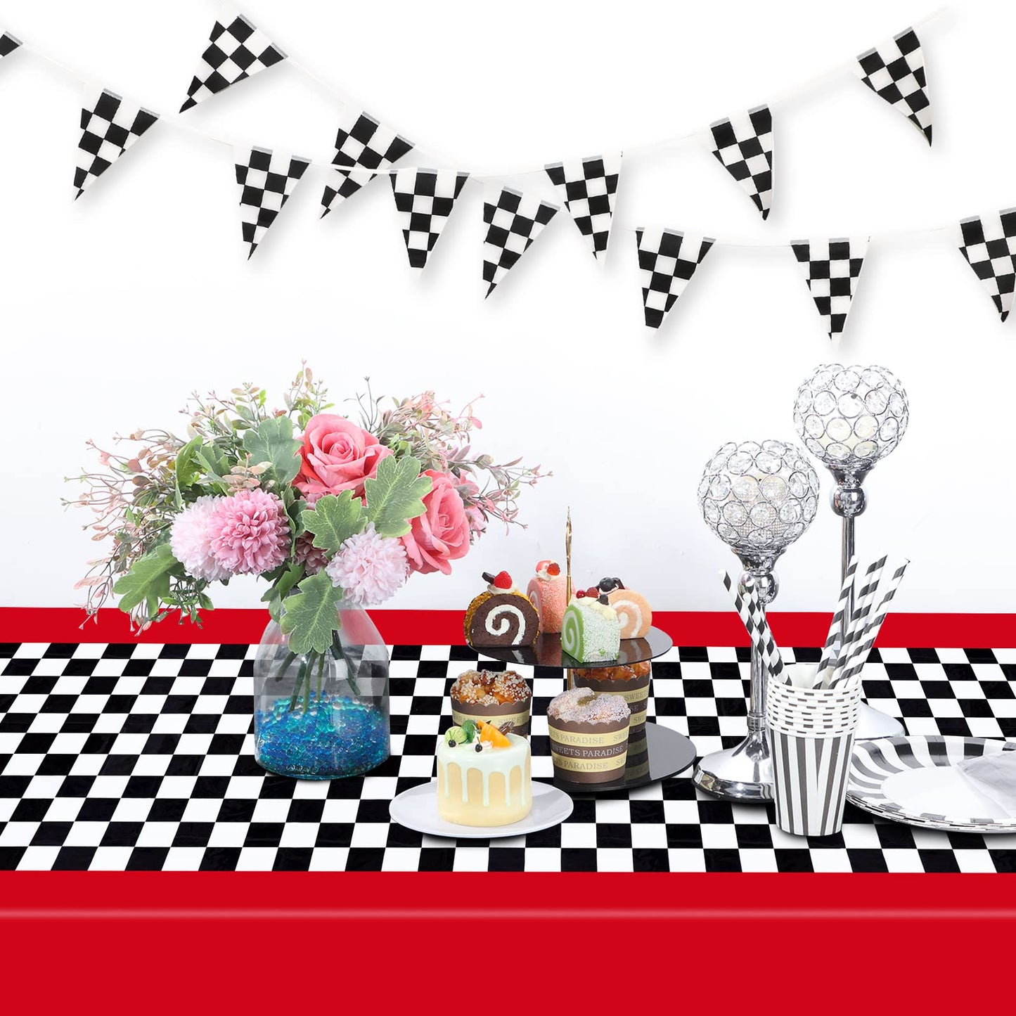 Tallew Checkered Disposable Tablecloths - 2 Pcs Black & White Race Table Covers for Racing Birthday Party Decor - Red