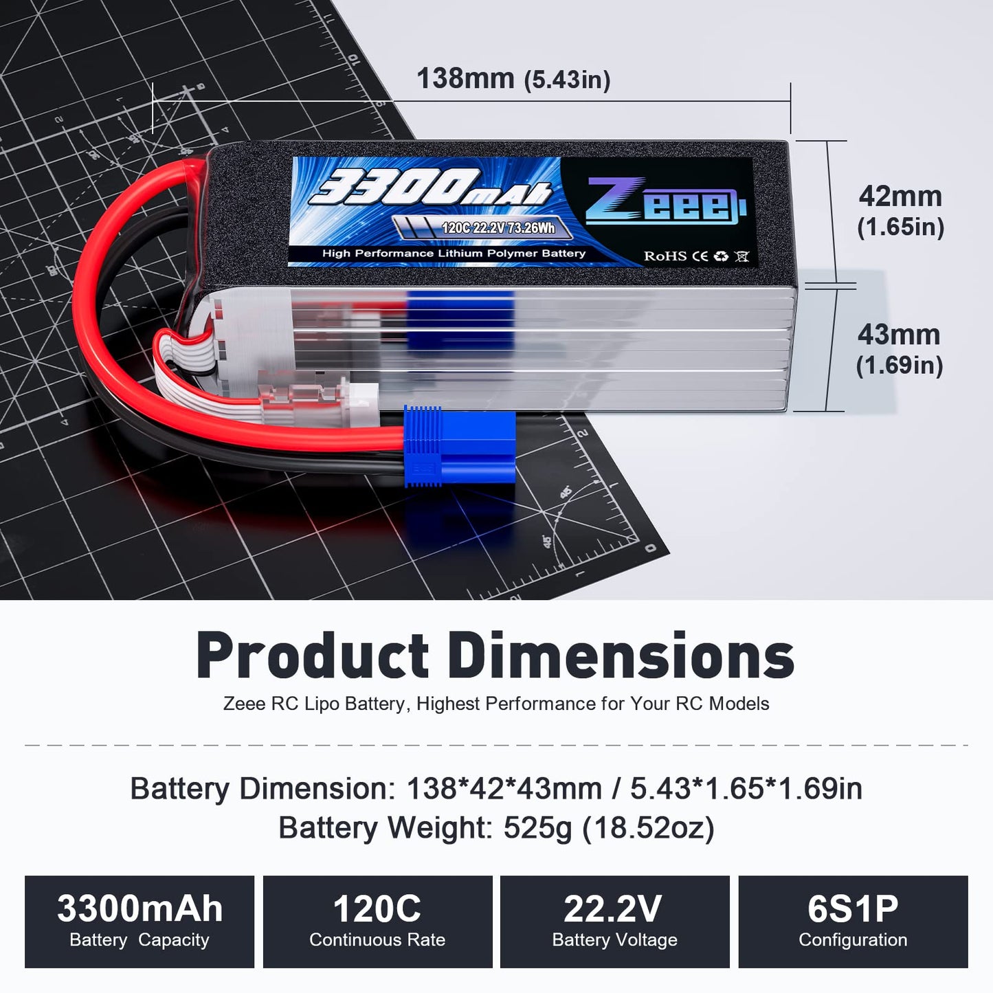 Zeee 6S Lipo Battery 3300mAh 22.2V 120C EC5 Connector - 2 Pack for RC Airplane, Helicopter, Car, Truck, Drone