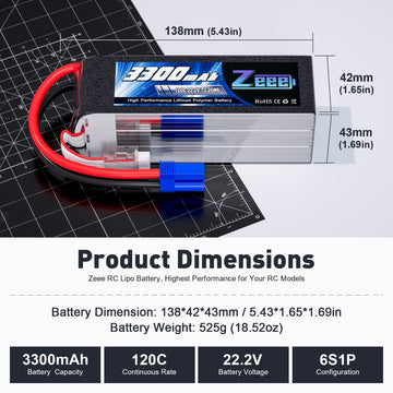 Zeee 6S Lipo Battery 3300mAh 22.2V 120C EC5 Connector - 2 Pack for RC Airplane, Helicopter, Car, Truck, Drone
