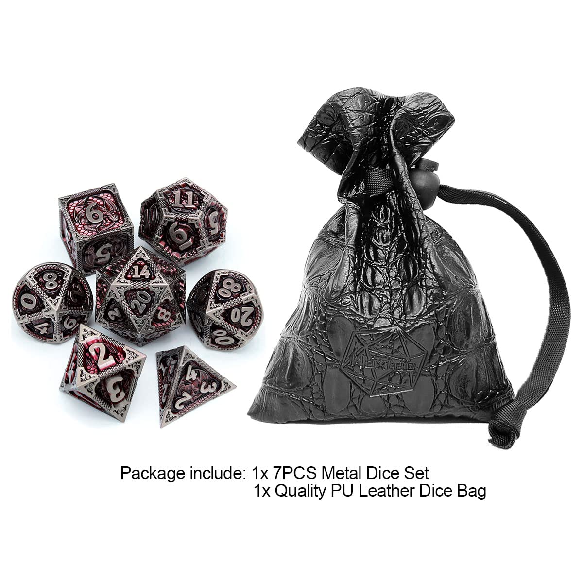 Haxtec DND Dice Set Metal D&D Dice Set with Leather Dice Bag Antique Iron Red Metal Polyhedral Dice for Dungeons and Dragons TTR