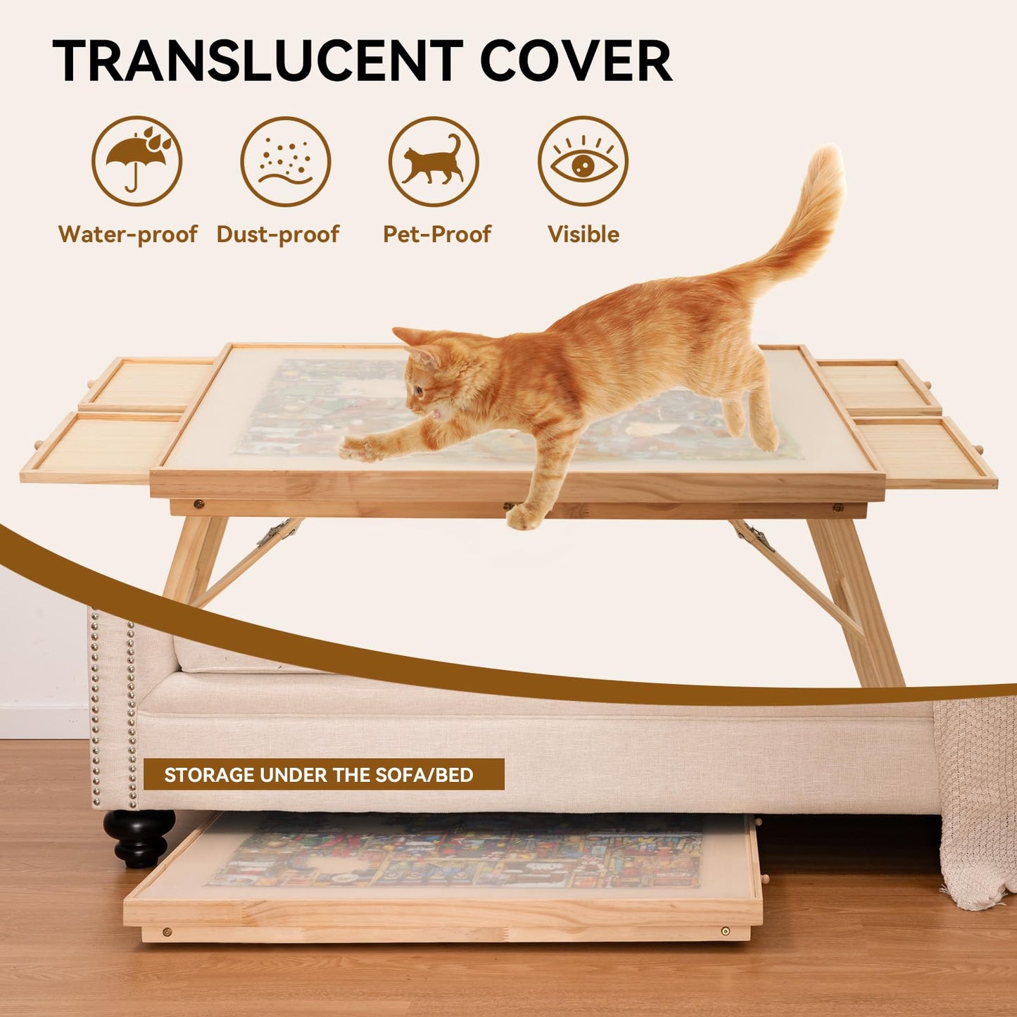 TEAKMAMA 27.6" Tall Jigsaw Puzzle Table, 1500 Piece Capacity, Natural Wood, 34.1"W x 26.2"D, 4 Drawers,