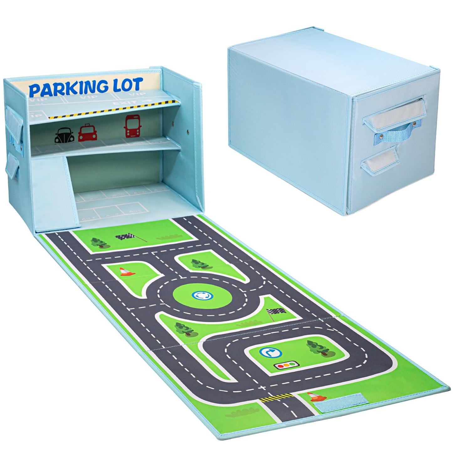 Livememory Toy Car Garage Box - Blue Fabric Storage with Play Mat (Cars Not Included)
