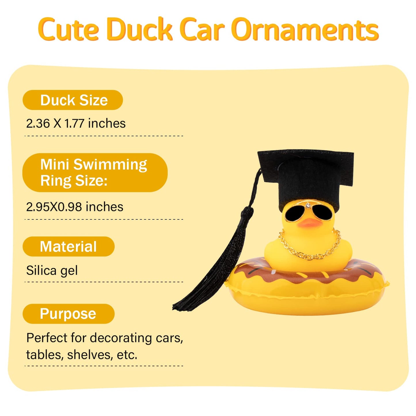 Wonuu Swim Ring Rubber Ducks With Mini Diamond Glasses Hat Necklace For Cars Dashboard Decorations Car Accessories Duck Car Ornament, Graduation Hat Black-Black String