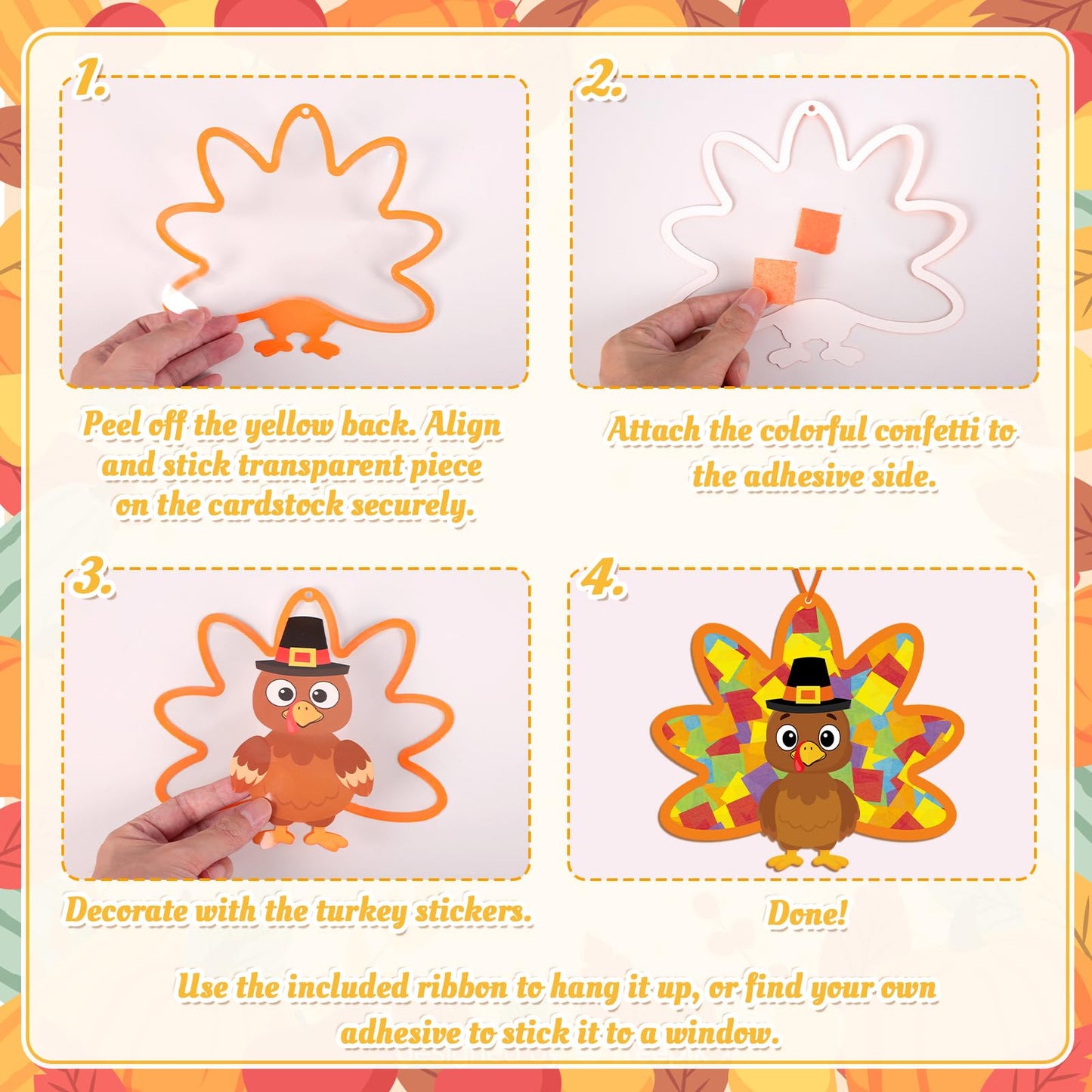 Renbuzhu 36PCS Thanksgiving Crafts Bulk: Turkey Paper Suncatchers DIY Kit for Fall Activities Decorations, Window Stained Glass