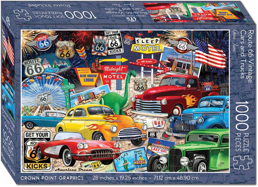 Crown Point Graphics Route 66 Vintage Cars and Trucks Puzzle  1000 Piece Jigsaw Puzzle