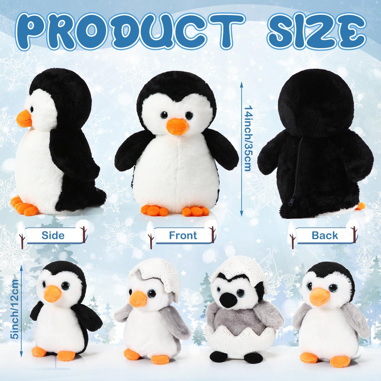 Aoriher 7 Pcs Penguin Stuffed Animal Set - 14 Inch Plush Mommy Penguin & Babies, Soft Fabric, Black/White/Gray, Model HS-Aoriher-21400